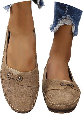 Generic Womens Leather Soft-Soled Non-Slip Shoes, Comfortable Soft Hand-Stitched Suede Loafers, Lightweight Slip On Flat Walking Shoes for Women (Khaki,7.5)