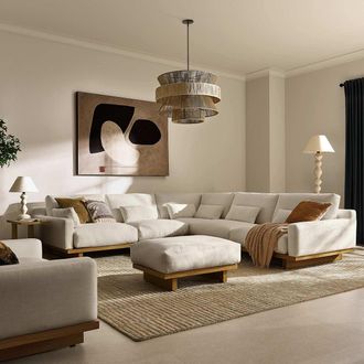 Castlery Performance Fabric L-Shaped Sectional Sofa with Removable Covers and Ottoman - Grey, Light Brown | Mori by Castlery