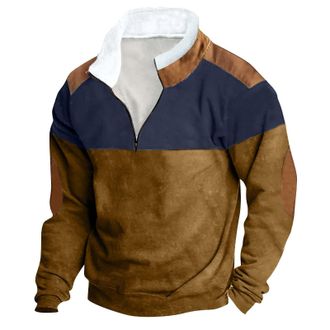 Generic Mens Half Zip Jumpers Hunting Deer Printed Sweatshirts Stand-Up Collar Work Pullovers Warm Sherpa Lined Long Sleeve Tops Vintage Winter Workwears