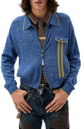 Versace Greca Jacquard Wool & Silk Blend Moulin&eacute; Zip Cardigan in Sky at Nordstrom, Size 38 Us