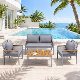 Merax 4 Piece Rattan Garden Sofa Set with Cushions & Coffee Table in Grey