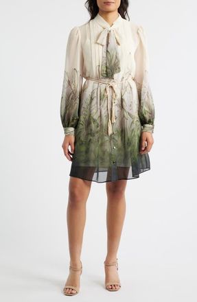 Julia Jordan Pleated Long Sleeve Shirtdress in Ivory Multi at Nordstrom, Size X-Small