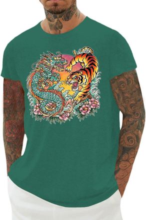 Generic Japanese T Shirts for Men,Short Sleeve Japanese Dragon Tiger Floral Print Crewneck Tee | Regular Fit Basic Tops Green L