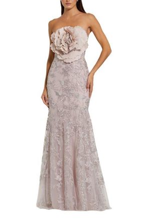 Mac Duggal Strapless Beaded Applique Mermaid Gown With Flower in Mocha at Nordstrom, Size 10