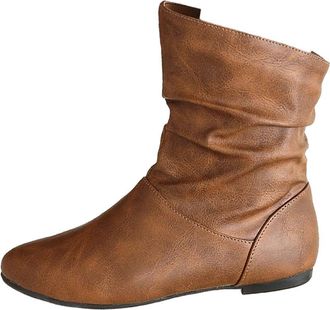 Generic Womens Slouchy Leather Ankle Boots,Low Heel Casual Comfortable Winter Fall Mid Calf Dress Short Boots Fashion Slouchy Ruched Round Toe Slip On Flats A