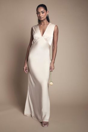 Oasis Womens Champagne Satin Open Back Detail Maxi Bridesmaid Dress - Size 14 UK