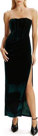 Bardot Everlasting Strapless Velour Cocktail Midi Dress in Emerald Green at Nordstrom, Size 10