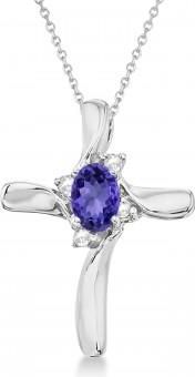 Allurez Tanzanite & Diamond Cross Necklace Pendant 14k White Gold (0.50ct)