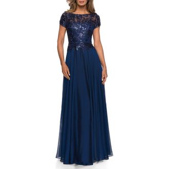 La Femme Short Sleeve Metallic Lace Evening Dress with Chiffon Skirt in Navy at Nordstrom, Size 14