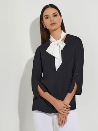 Misook Contrast Tie V-Neck Crepe de Chine Blouse
