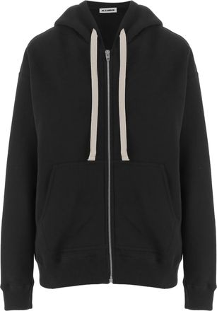 Jil Sander Full-Zip Black Cotton Hoodie With Vertical Logo Print