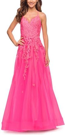 La Femme Gorgeous Lace and Tulle Ball Gown with High Slit in Neon Pink at Nordstrom, Size 10