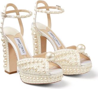 Jimmy Choo London Sacaria 120 Pearl-Embellished Satin Platform Sandals Size 40