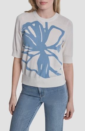 DKNY Graffiti Floral Jacquard Short Sleeve Sweater in Ivory/Sky at Nordstrom, Size X-Small