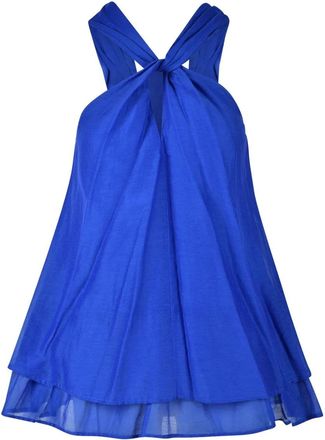 Attic and Barn Blue Crossed Straps Sheer Hem Cotton-Silk Top