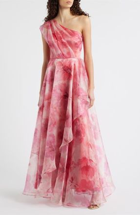Eliza J One-Shoulder Floral Chiffon Gown in Poppy at Nordstrom, Size 16
