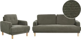 Beliani Conjunto De Sala De Estar Retro 3 Plazas Sof&aacute; Y Sill&oacute;n Patas De Madera Asiento Grueso Tapizado De Pana Verde Oscuro Tuve