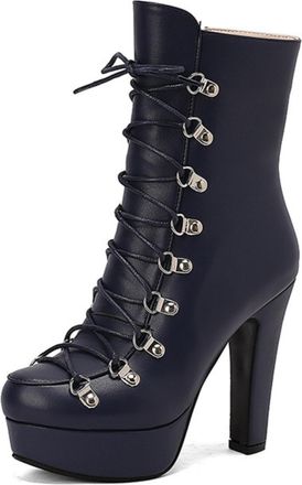 Generic Womens Ankle Lace Up Platform High Heel Boots Round Toe Faux Leather Metal Eyelets Bold Color Edgy Style Comfortable For Daily Casual Party Date,Blue,