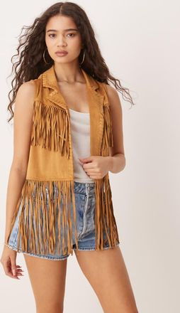 Wrangler x Lainey Wilson - Gilet in camoscio sintetico color cuoio con frange-Marrone