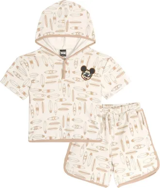 Disney Mickey Mouse Baby Boys Loungewear 2-Piece Hooded T-Shirt and Shorts Set in Warm Grey Mickey Mouse at Nordstrom, Size 18M