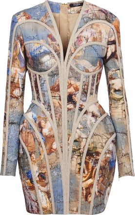 Balmain Sky-print linen dress - women - Linen/Flax - 40 - Multicolour