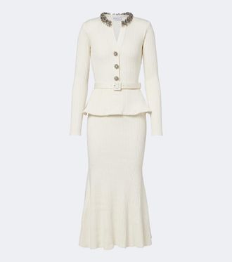 Self Portrait Embellished ribbed-knit peplum midi dress