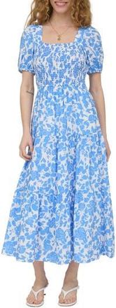 August Sky Puff Sleeve Smocked Midi Dress in Blue Multi at Nordstrom Rack, Size Medium