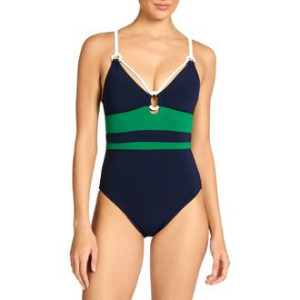 Robin Piccone Jacqui Stripe O-Ring One-Piece Swimsuit in Navy/Grass/Cream at Nordstrom, Size 14