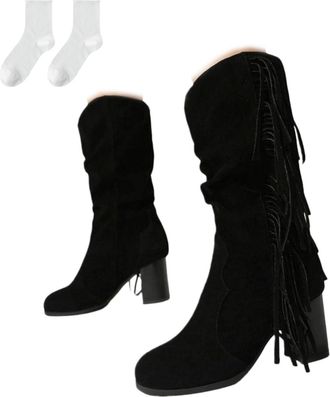 Generic Womens Mid-Calf Boots with Block Heel, Fashionable Riding Boots in Suede Look with Pleated Design And Fringe, Comfortable Slip-On Boots in Plus Sizes 