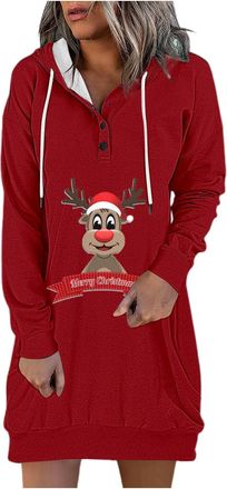Generic Christmas Dress Womens Jumper Dress, Christmas Jumper Womens Funny, Oversize Hoodie Button Down Sweat Dress Reindeer Print Long Sleeve Sweatshirts Chr
