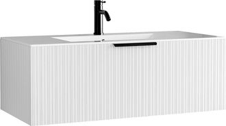 Vente-Unique Mueble de ba&ntilde;o suspendido estriado con lavabo encastrable y grifo - Color blanco - 100 cm - PALIRO