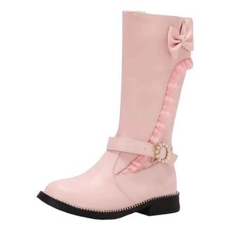 Generic Womens Mid Calf Booties Round Toe Medium Block Heel Slip On With Pearl Buckle And Butterfly-Knot Accent