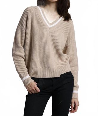 Minnie Rose Womens Cotton Cashmere Shaker Relaxed V Neck Top In Brn/w