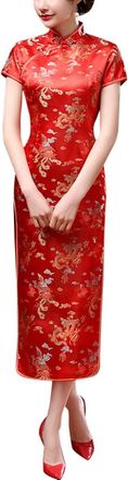 Generic Vintage Short Sleeve Maxi Cheongsam Print High Slit Side Traditional Chinese New Year Party Bodycon Costume, Dragon Red, L