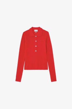 Ganni Goji Berry Polo Shirt in Red Merino - Size XXS Wool