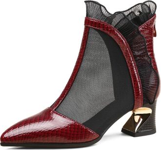 TinaCus Genuien Leather & Mesh Low Chunky Heels Womens Handmade Back Zip Up Ankle Boots, Burgundy, 7.5 US