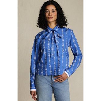 Lands End Easy Care Shirt with Removable Bow in Muted Cobalt Floral Stripes at Nordstrom, Size X-Large
