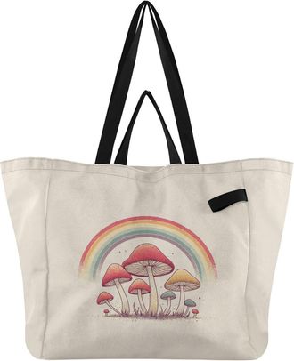 Generic Mushroom Rainbow Beige pattern Reusable Canvas Tote Bag, Heavy Duty Grocery Shopping Bag with Large Capacity Hard Bottom Double Handles Work Groceries