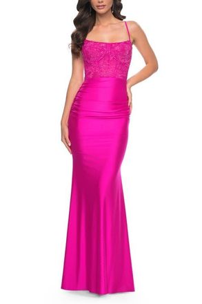 La Femme Neon Ruched Jersey Dress with Illusion Corset Lace Top in Hot Fuchsia at Nordstrom, Size 12