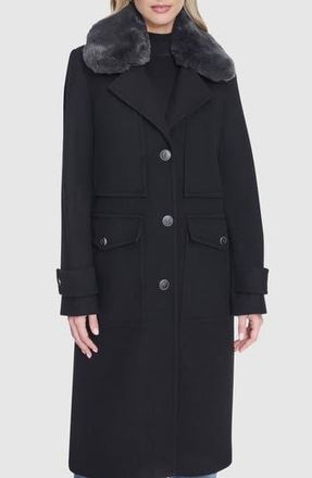 Andrew Marc Faux Fur Collar Wool Blend Coat in Black at Nordstrom Rack, Size Medium