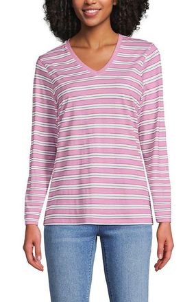 Lands End Relaxed Supima Cotton Long Sleeve V-Neck T-Shirt in Seaside Pink Multi Stripe at Nordstrom, Size Small P