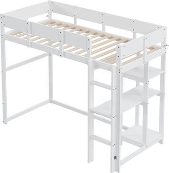STILVORA Cama Alta Individual Con Estante Y Barreras 90 &times; 200 Cm, Sin Colch&oacute;n, De Madera, Blanca