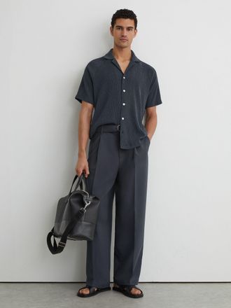 Reiss Airforce Blue Textured Raglan Cuban-collar Shirt, Xxl