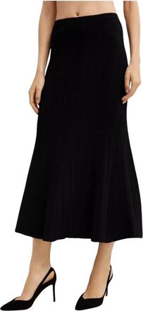Self Portrait Zwart Gestreepte Uitlopende Midi Rok - Dames - Midirokken - Zwart - S - Polyester - Rokken