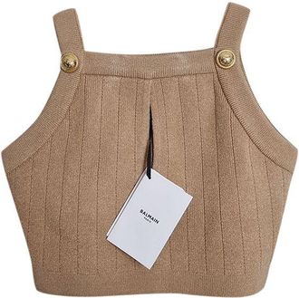 Balmain Camel Stretch-Knit Square Neck Crop Top Size XS