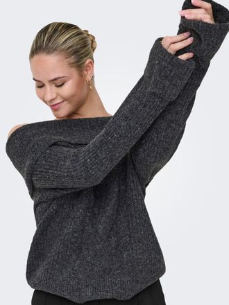 Only Strickpullover ONLY ONLLUNA LS OFF SHOULDER PULLOVER KNT, Damen, Gr. L, dunkelgrau melange, Strick, Obermaterial: 75% Polyester, 22% Polyacryl, 3% Ela