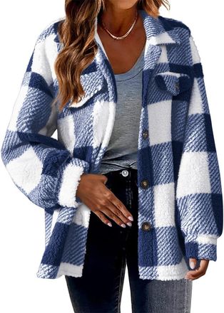Generic Womens Fleece Jacket Fashion Button Down Womens Casual Plaid Jackets Turndown Collar Long Sleeve Checkered Winter Warm Jackets With Pockets