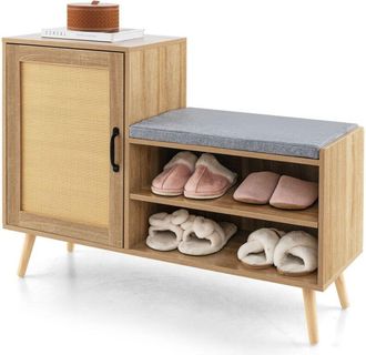 Costway Rattan Shoe Cabinet 2-in-1 Shoe Storage Bench Shoe Rack Cabinet