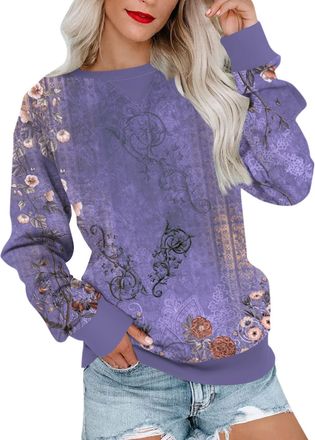 Generic Warehouse Deals Today Women Casual Sweatshirts 2024 Fall Winter Long Sleeve Crew Neck Pullover Tops UK Dressy Trendy Color Block Striped Floral Print 