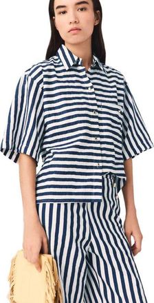 Maje Cropped linen-blend shirt in White/blue at Nordstrom, Size X-Small